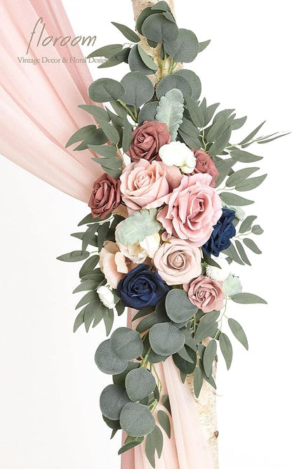 Floroom Arch Flowers with Drapes Kit (Pack of 4) - 2pcs Artificial Dusty Rose & Navy Blue Floral Swag Arrangement with 2pcs Draping Fabric for Wedding Ceremony Arbor and Reception Backdrop Decoration