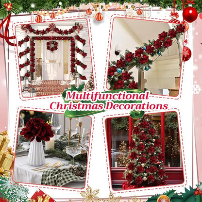 20 Pcs Christmas Glitter Poinsettia Magnolia Flowers Ornaments Large Heads Artificial Magnolia Flowers for Christmas Tree Xmas Wreath Holiday Wedding Decor (Fuchsia)