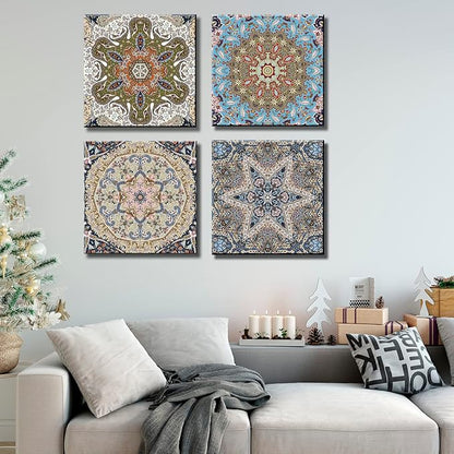 dgbtcart Bathroom Decor Mandala Wall Art, Boho Artwork Floral Pictures Painting Prints for Living Room Decoration - 12”x12”x4 Panel