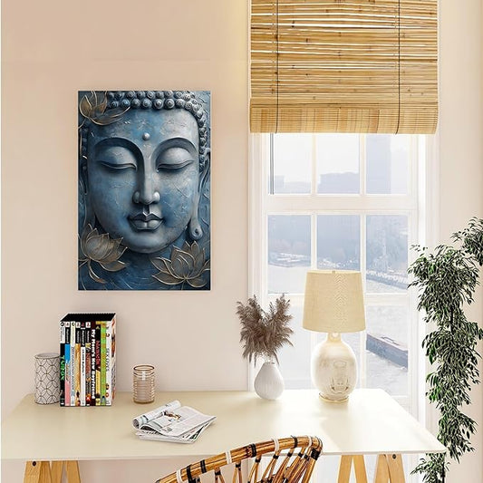 Canvas wall art Golden lotus crown Serene Buddha poster Ethereal blue toned art with delicate floral decor Zen wall art for a tranquil meditation space 8x12in Wood Framed