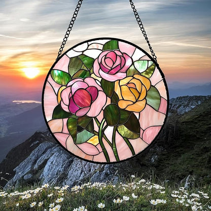 Stained Glass Window Hanging 4 Pcs Set Pink Floral Theme Large 15" - Flowers Suncatcher Door Garden Sun Catcher Decor Birthday Christmas for Mom Woman Nana Men Friend