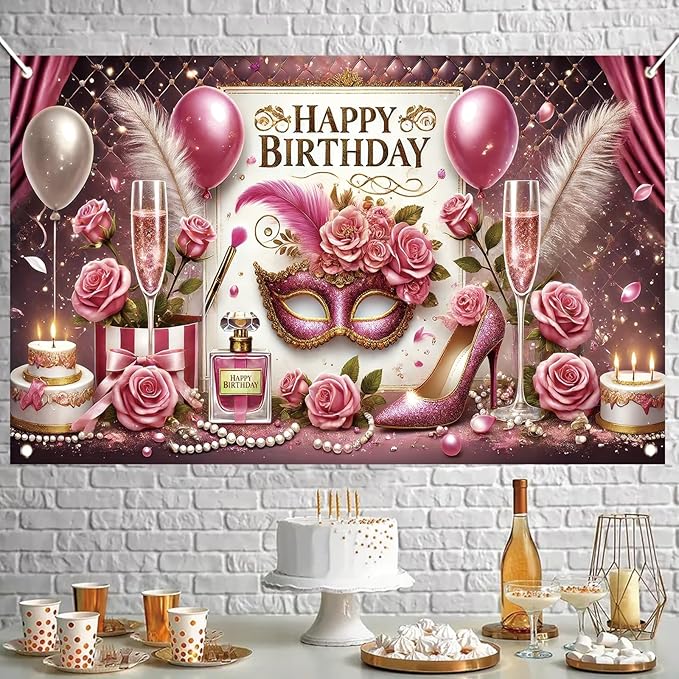 High Heel Birthday Party Backdrop, Glamorous Pink Gold High Heel Shoe Glitters, Polyester Fabric, Ideal for Women's Birthday Parties