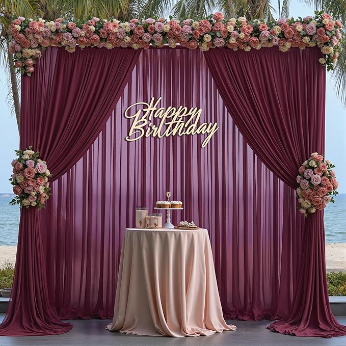 10ft x 10ft Burgundy Backdrop Curtains, Wrinkle-Free Sheer Chiffon Fabric Photo Backdrop Drapes for Wedding Arch Party Ceremony Stage Photography Decorations