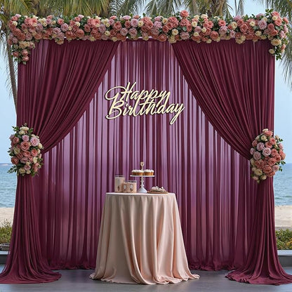 10ft x 10ft Burgundy Backdrop Curtains, Wrinkle-Free Sheer Chiffon Fabric Photo Backdrop Drapes for Wedding Arch Party Ceremony Stage Photography Decorations