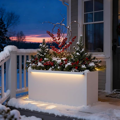 GSK 30" L White LED Metal Planter Flower Box Outdoor Illuminate Magnetic 3000K LED Light Strips Glow Vibe Modern Rectangle Raised Trough Drainage Holes Indoor Patio Balcony or Garden Decor