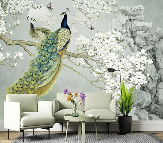 Eierme-Flower Pattern Peacock Illustration Wallpaper Mural Wallpaper Peel and Stick 90" x 67"