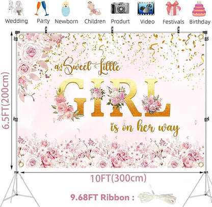 A Sweet Little Girl is on Her Way Backdrop 10x6.5FT – Pink Floral Baby Shower Banner with 19.68FT Ribbon, Double-Stitched Edges & 4 Brass Grommets, Reusable Girl Party Decorations & Photo Booth Props