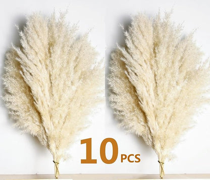 10 PCS Beige Pampas Grass Decor, Naturally Dried Pompas, Bunny Tails Dried Flowers, and Dried Eucalyptus. Perfect for Weddings, Boho Party Decorations, and Table Decor(17inch)