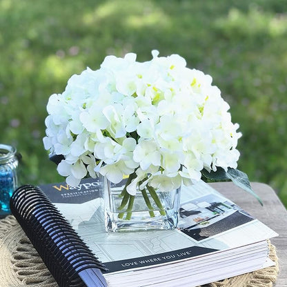 ENOVA HOME Artificial Hydrangea Silk Flowers Arrangements in Cube Glass Vase for Home Wedding