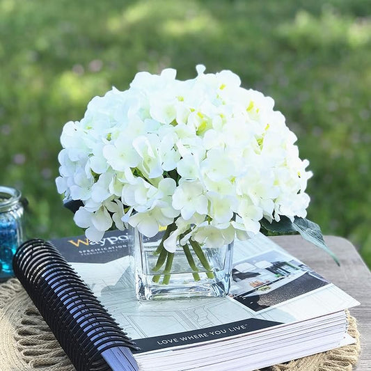 ENOVA HOME Artificial Hydrangea Silk Flowers Arrangements in Cube Glass Vase for Home Wedding