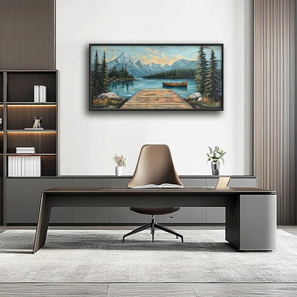 Rustic Lake Large Wall Art Forest Mountain Pictures Wall Decor Nature Landscape Big Canvas Painting Prints Framed Artwork Home Decorations Above Bed for Bedroom Living Room Dining Room 60"x30"