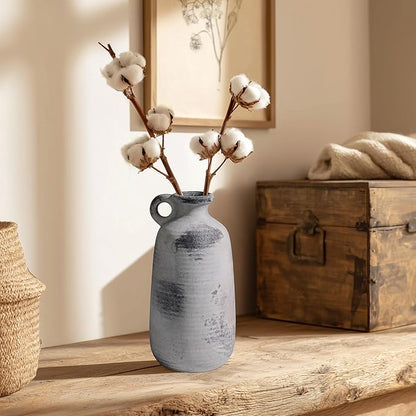 Sunddo Rustic Farmhouse Vase with Handle, Ceramic Vase,10 inch Tall Minimalist Decorative Vases for Home Decor, Table Living Room Bookshelf Entryway Kitchen Bedroom Decor, Grey