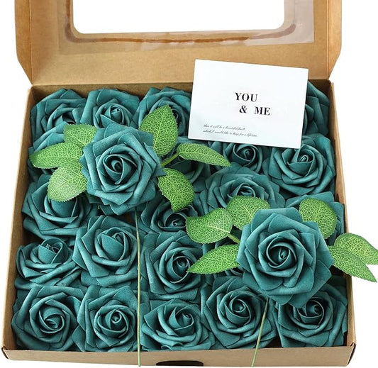 Meldel Artificial Flower 25pcs Real Touch Peacock Green Fake Foam Roses with Stems for DIY Wedding Bouquets Gifts Bridal Shower Faux Floral Centerpieces Arrangements Home Party Tables Decorations