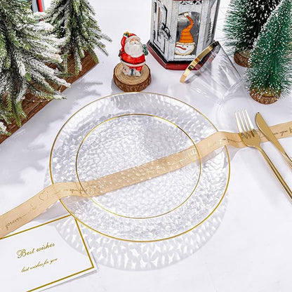 Rubtlamp 175 Pcs Plastic Dinnerware Set (25 Guests), Clear And Gold Plastic Plates, Hammered Party Plates Include Dinner Platos, Dessert Platos, Cups, Gold Cutlery Set And Napkins for Christmas