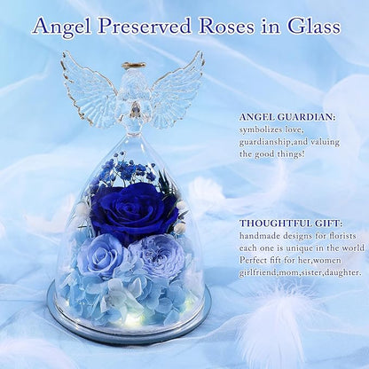FIACO Gifts for Women Preserved Rose Forever Flower Rose in Glass Angel Figurine Preserved Fresh Flowers for Delivery Prime Mothers Day Birthday Gifts for Mom Grandma Wife Sister Blue