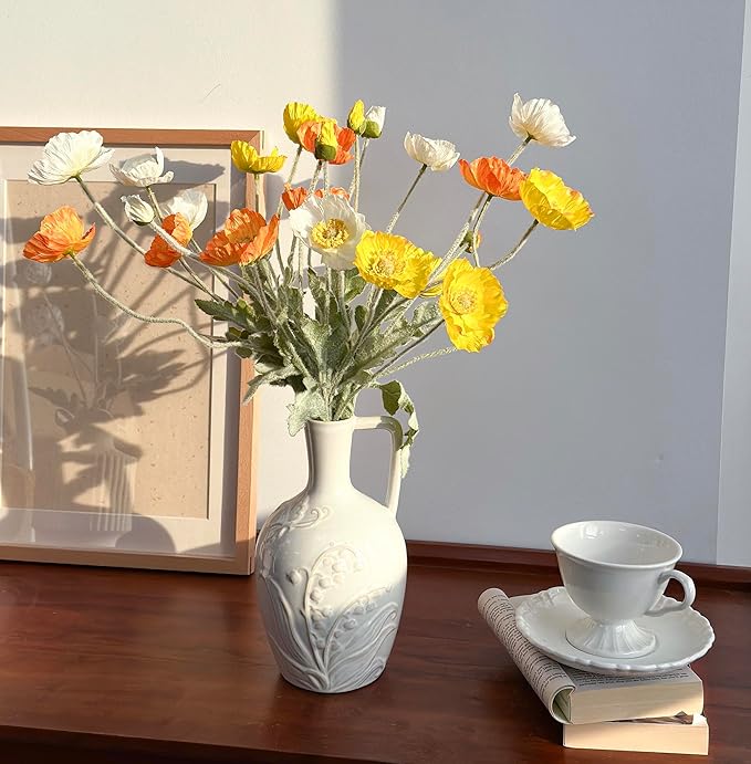 Set of 6 Multicolour Artificial Poppy Flowers, Silk Flowers with Stems for Vase Arrange for Wedding Party Home Office Indoor Kitchen Dining Table Centerpiece Decoration (White Yellow Orange)