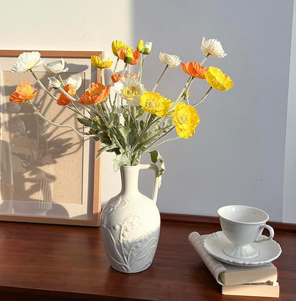 Set of 6 Multicolour Artificial Poppy Flowers, Silk Flowers with Stems for Vase Arrange for Wedding Party Home Office Indoor Kitchen Dining Table Centerpiece Decoration (White Yellow Orange)