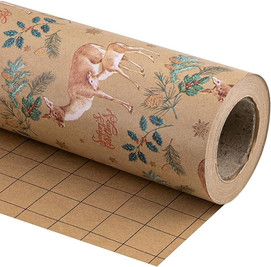 WRAPAHOLIC 30 Inch Jumbo Kraft Christmas Wrapping Paper - 30 Inch x 100 Feet Jumbo Roll Reindeer Wrapping Paper with Holly Design for Christmas, Holiday, Party Celebration