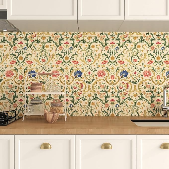 Yellow Floral Peel and Stick Wallpaper Boho Leaf Wallpaper Colorful Flower Contact Paper 17.5in x 32.8ft Removable Self Adhesive Vinyl Wall Mural Wall Paper for Cabinet Nursery Bedroom Stairs Kitchen