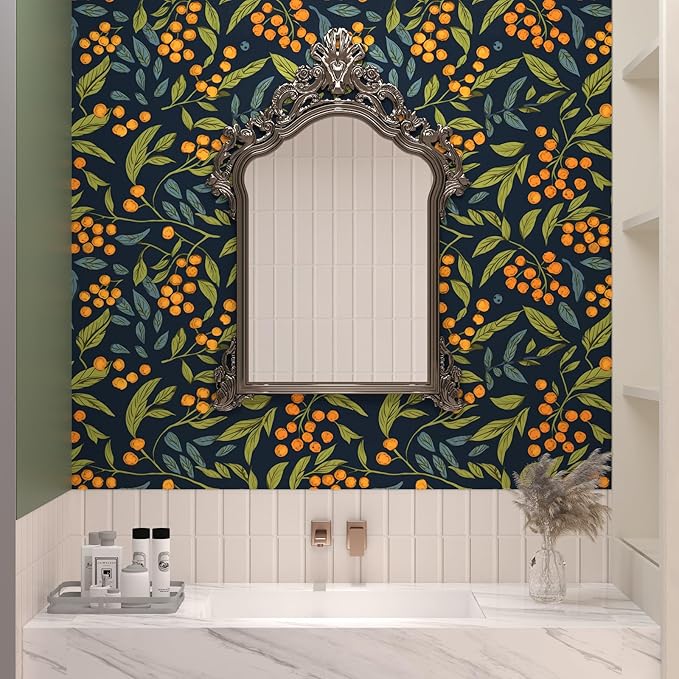 Boho Wallpaper Peel and Stick Floral Contact Paper Leaves Wall Paper for Closet Countertop Cabinet Renter Friendly Removable Self Adhesive Blue Orange Green 17.5 x 196.5In