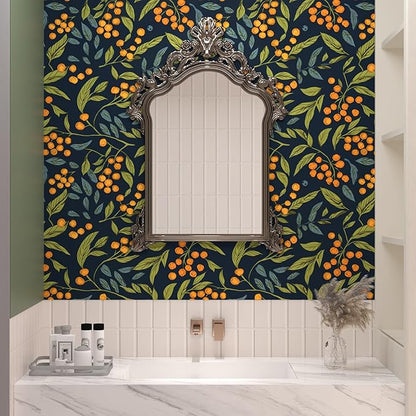Boho Wallpaper Peel and Stick Floral Contact Paper Leaves Wall Paper for Closet Countertop Cabinet Renter Friendly Removable Self Adhesive Blue Orange Green 17.5 x 196.5In