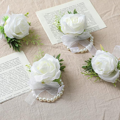 4pcs Wedding White Rose Wrist Flowers Artificial Rose Flowers for Ceremony Prom Party Accessories (4 Wrist Corsage White)