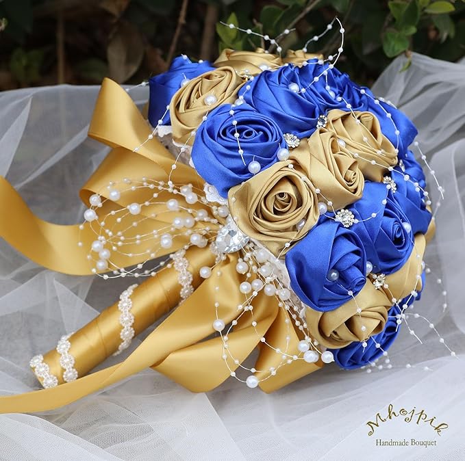 Bridal Wedding Bouquet Round Bling Brooch Bouquet Throw Toss Artificial Rose Flower Bunch for Bride Bridesmaid Wedding Quinceanera(Royal Blue & Gold, 9.8")
