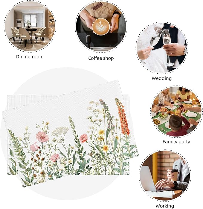 Floral Placemats Set of 4 Flower Daisy Spring Table Mats Washable Place Mats for Home Party Indoor Kitchen Dining Table Decoration 12x18 Inch