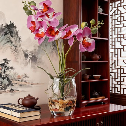 Jusdreen Artificial Purple Orchid in Glass Vase, Realistic Phalaenopsis Arrangement with Potting for Home Office Table Decor, 14.5 Inch Flower Centerpiece