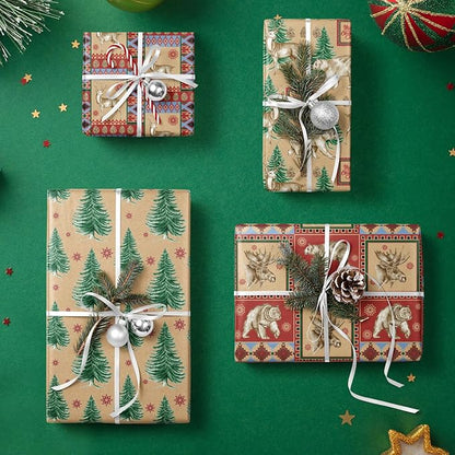 RUSPEPA Christmas Kraft Wrapping Paper - Polar Bear, Reindeer and Christmas Tree Design - 4 Rolls - 30 inches x 10 feet per Roll
