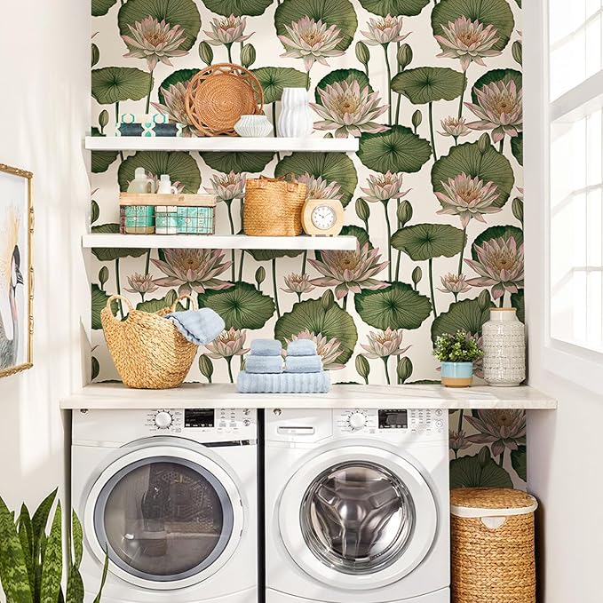 Orainege Floral Wallpaper Peel and Stick Floral Contact Paper Boho 16.9inx393.7in Lotus Flower Wallpaper Removable Self Adhesive Wall Paper for Bedroom Cabinets Decorative