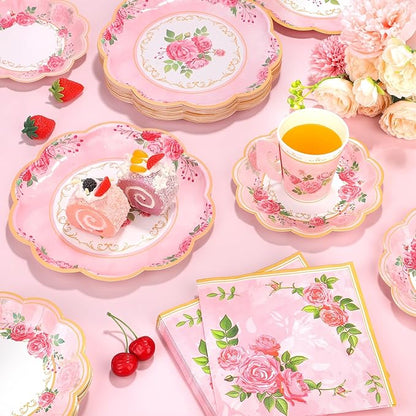 96 Pieces Floral Paper Tea Cups and Saucers 9 Oz Teacups with Handle 9 Inch and 7 Inch Paper Plates Saucers Napkins Disposable Tea Party Supplies Serve 24 for Wedding Baby Shower Party, Pink
