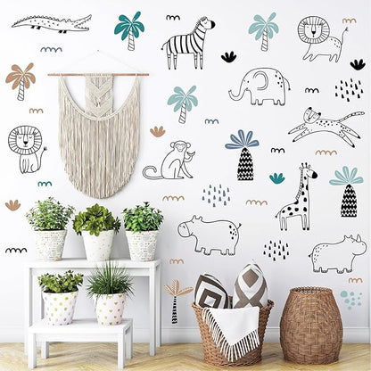 AOWDIAO Safari Wildlife Animal Wall Decals Line Art Peel & Stick Decor for Kids’ Room & Nursery