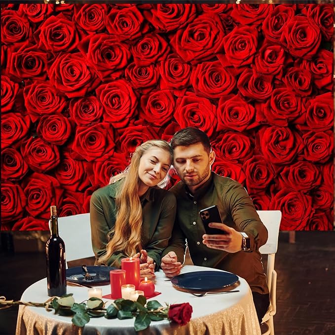 Avezano Valentine's Day Backdrop Rose Flower Wall Photo Background Red Rose Wedding Bridal Shower Photography Backdrop Mother's Day Birthday Party Dessert Table Banner (8x6ft)