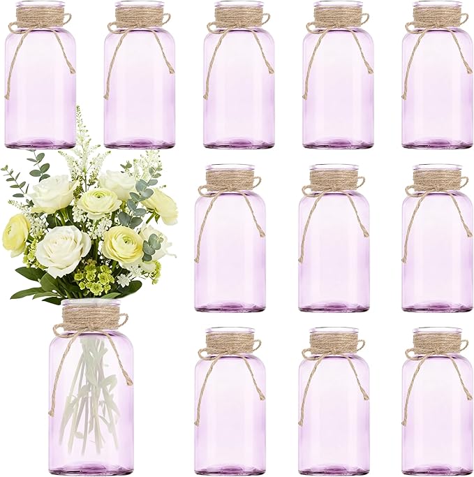 Vintage Glass Flower Vase，12 Pack Farmhouse Purple Glass Centerpiece Vases Mason Jars for Weddings, Parties & Home Decor Bulk (12, Purple)