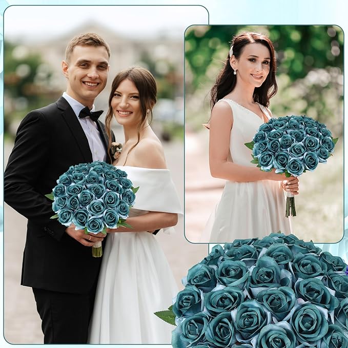 80 Pcs Roses Artificial Flowers, Silk Gradient Blue-Green Artificial Flowers Petals Long Stem Roses for Wedding Bouquet Home Party Decor