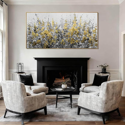 Framed Gold and Grey Abstract Flower Canvas Wall Art 24x48 Inch Textured Floral Painting Modern Decorative Artwork for Living Room Bedroom Office