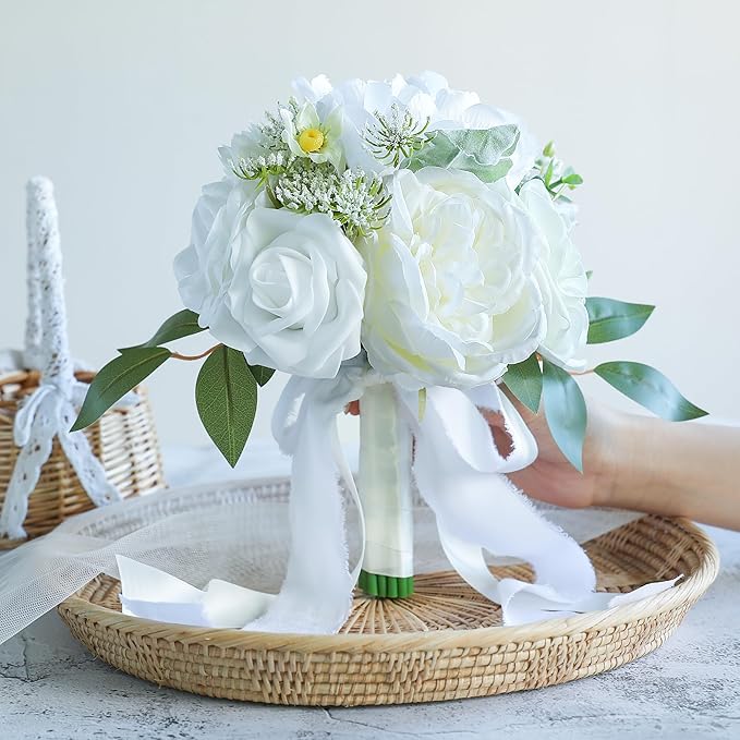 ponatia White Wedding Bouquets for Bride Bridesmaid, Wedding Artificial Roses Flowers for Wedding Bouquets Ceremony, Anniversary (White & Ivory)