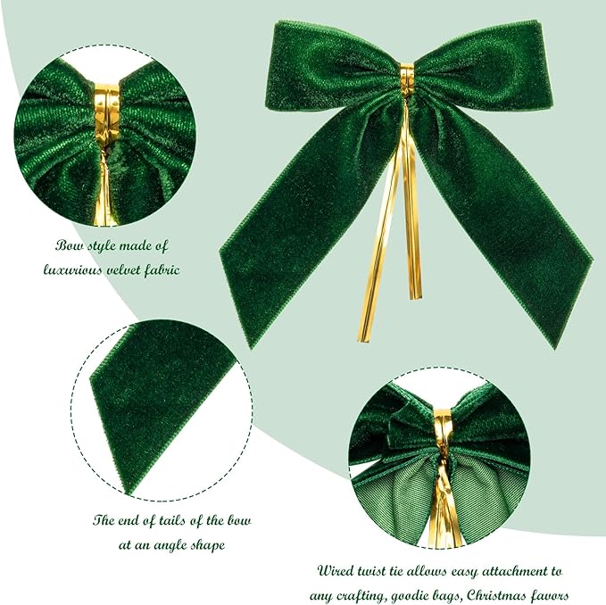 WRAPAHOLIC 24 Pcs Small Green Velvet Christmas Bows - Green Twist Tie Bows for Christmas Tree, Wreath, Gift Wrapping, Wedding, Crafts, Home Decor - 3.5 x 3.5 inch