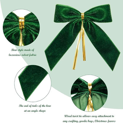 WRAPAHOLIC 24 Pcs Small Green Velvet Christmas Bows - Green Twist Tie Bows for Christmas Tree, Wreath, Gift Wrapping, Wedding, Crafts, Home Decor - 3.5 x 3.5 inch