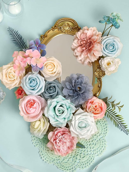 Pink and Blue Flowers Combo Box, Pink Silk Fake Rose Light Blue Flowers for DIY Floral Arrangements Wedding Bouquets Centerpiece Baby Shower Party Decoration (Blue Pink)