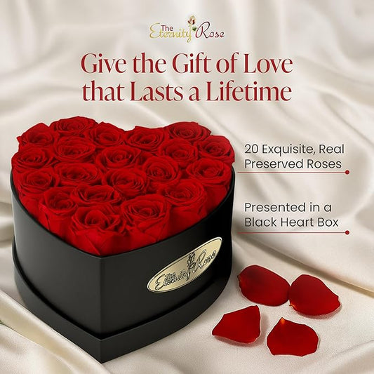 The Eternity Rose 20-Piece Preserved Roses in a Luxury Gift Box – Real Roses in Black Heart Box – A Valentine’s Gift as Everlasting as Your Love