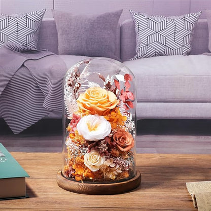 Flowers for Delivery Prime Preserved Flowers Rose in Glass Dome,Orange Rose Forever Flowers Birthday Gifts for Women Mom Grandma Friend Thanksgiving Gifts for Her,Home Decor