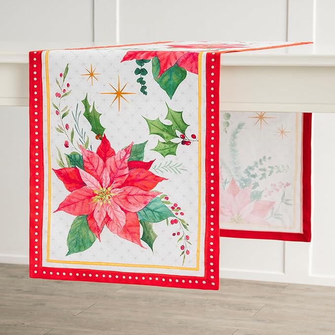 Maison d' Hermine Table Runner 100% Cotton Single Layer Table Runners 72 inches Long for Thanksgiving Christmas Decorations Home Kitchen Dining Party Wedding (Poinsettia Christmas, 14.5" x 72")