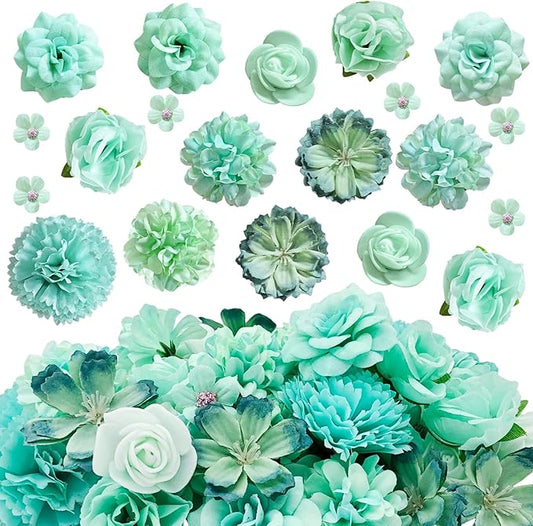 70 pcs Mini Artificial Flowers Heads Mint Green Silk Peony Daisy Rose Bulk Mix Flower Heads Faux Rose for Crafts Graduation Wedding Baby Shower DIY Home Party Decoration