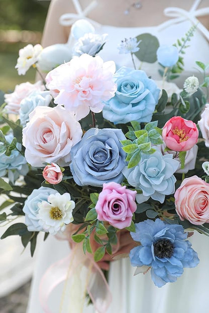 Artificial Flowers Roses Fake Flowers with Stems Blue Pink Artificial Flowers for DIY Bridal Bouquets Faux Flowers Centerpieces for Table Home Decor