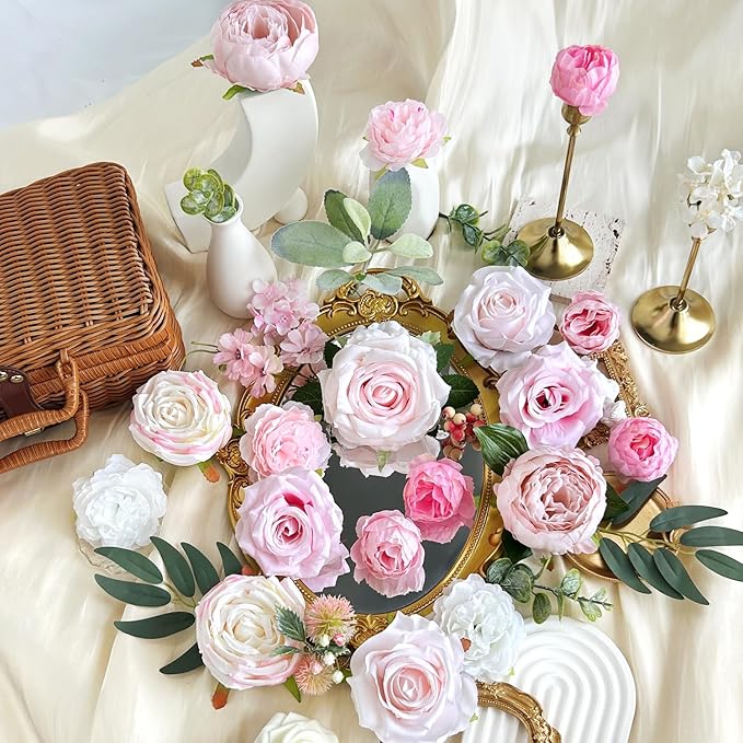 Blush Pink Artificial Flowers Combo Box Set Light Pastel Silk Roses with Stems DIY Bridal Wedding Bouquets Cake Fake Floral Arrangements Baby Shower Party Table Centerpieces Spring Home Decor Bulks