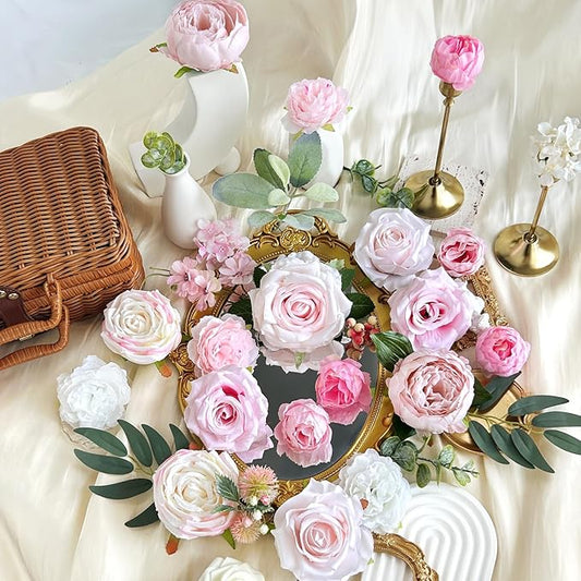Blush Pink Artificial Flowers Combo Box Set Light Pastel Silk Roses with Stems DIY Bridal Wedding Bouquets Cake Fake Floral Arrangements Baby Shower Party Table Centerpieces Spring Home Decor Bulks