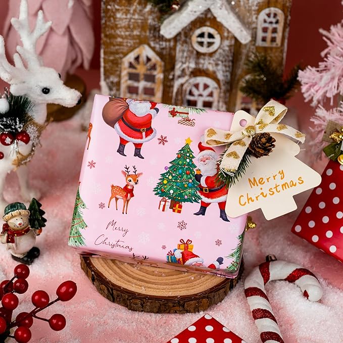 Yarcony Pink Christmas Wrapping Paper, Santa Gift Wrapping paper, Reversible Vintage Santa Claus, Christmas Tree & Reindeer Festive Holiday Gift Wrap for Present Packaging, Craft (17 Inch X 33 Feet)
