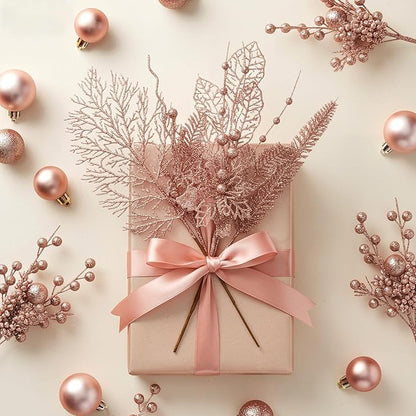 30 Pcs Artificial Christmas Tree Picks and Sprays Glitter Berry Stem Branches Holly Floral Picks Twigs Christmas Tree Ornaments for DIY Xmas Wreath Vase Filler Decorations (Rose Gold)